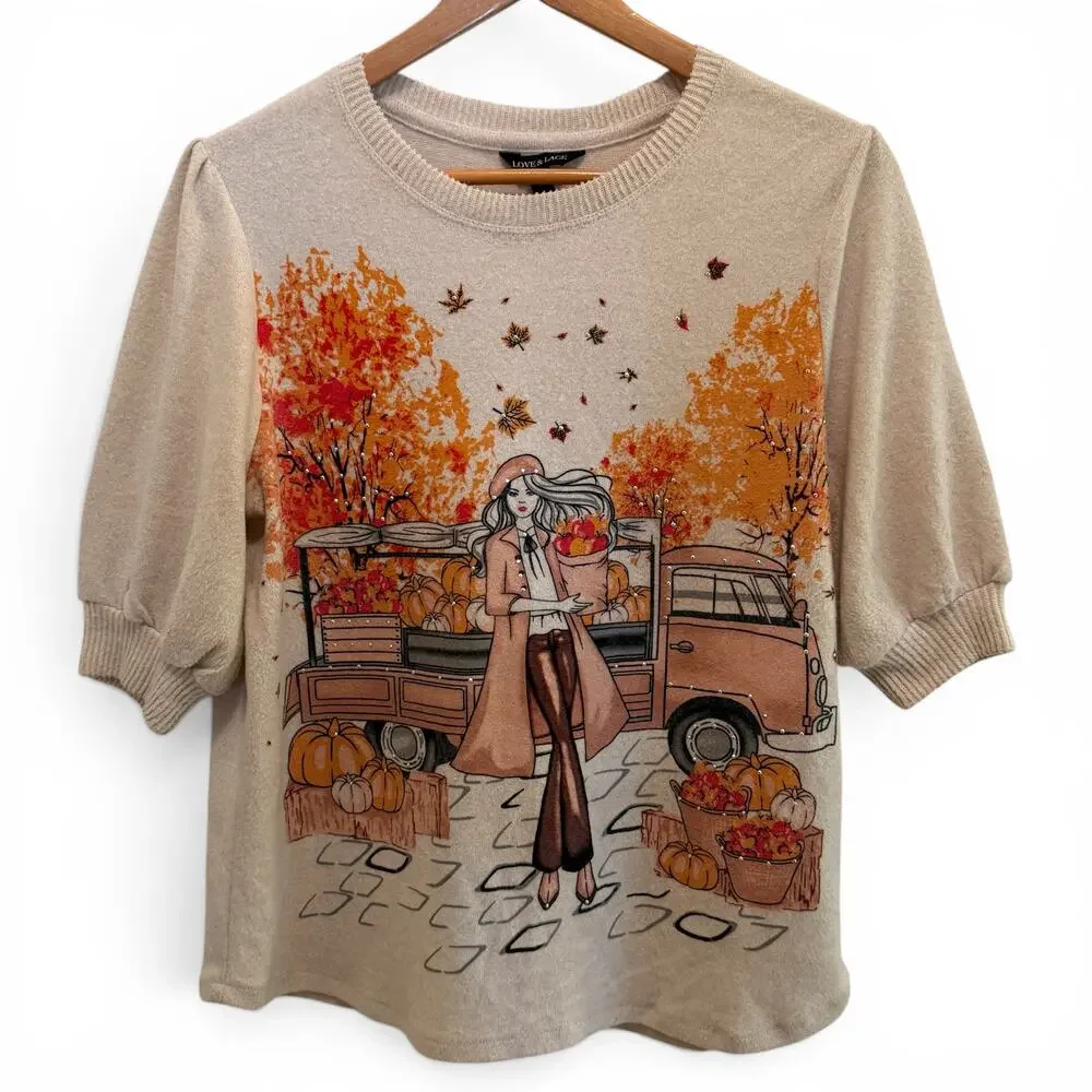 Parisian Fall Cottagecore Graphic Sweater Womens S Autumn Pumpkin Farmers Market